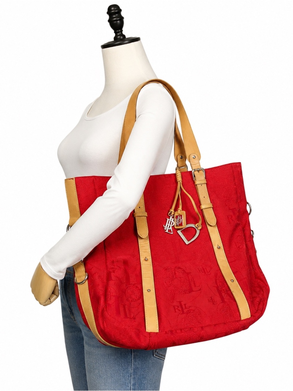 Women’s Ralph Lauren Red Jacquard Tote Bag Tan Trim Shoulder Bag